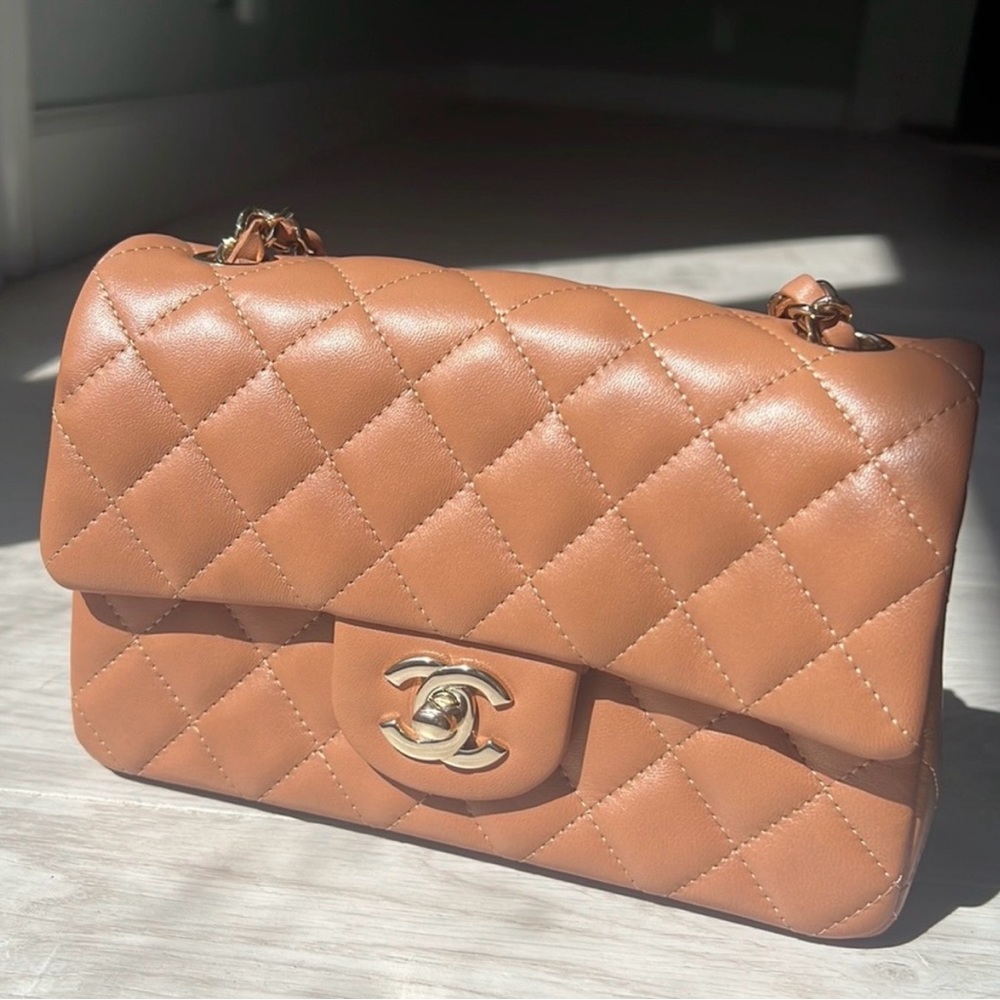 Authentic Chanel mini flap bag rectangular caramel brown lamb skin